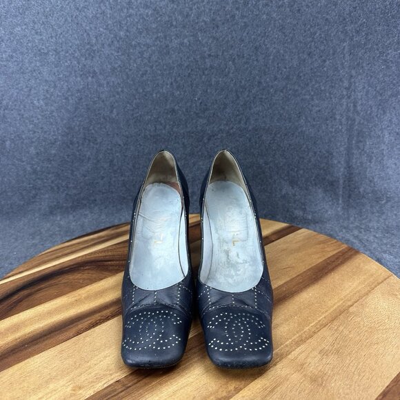 Chanel Womens Pumps Blue Leather Sz 36/6 Mark Punch CC Logo Heels Square Toe - Picture 3 of 16